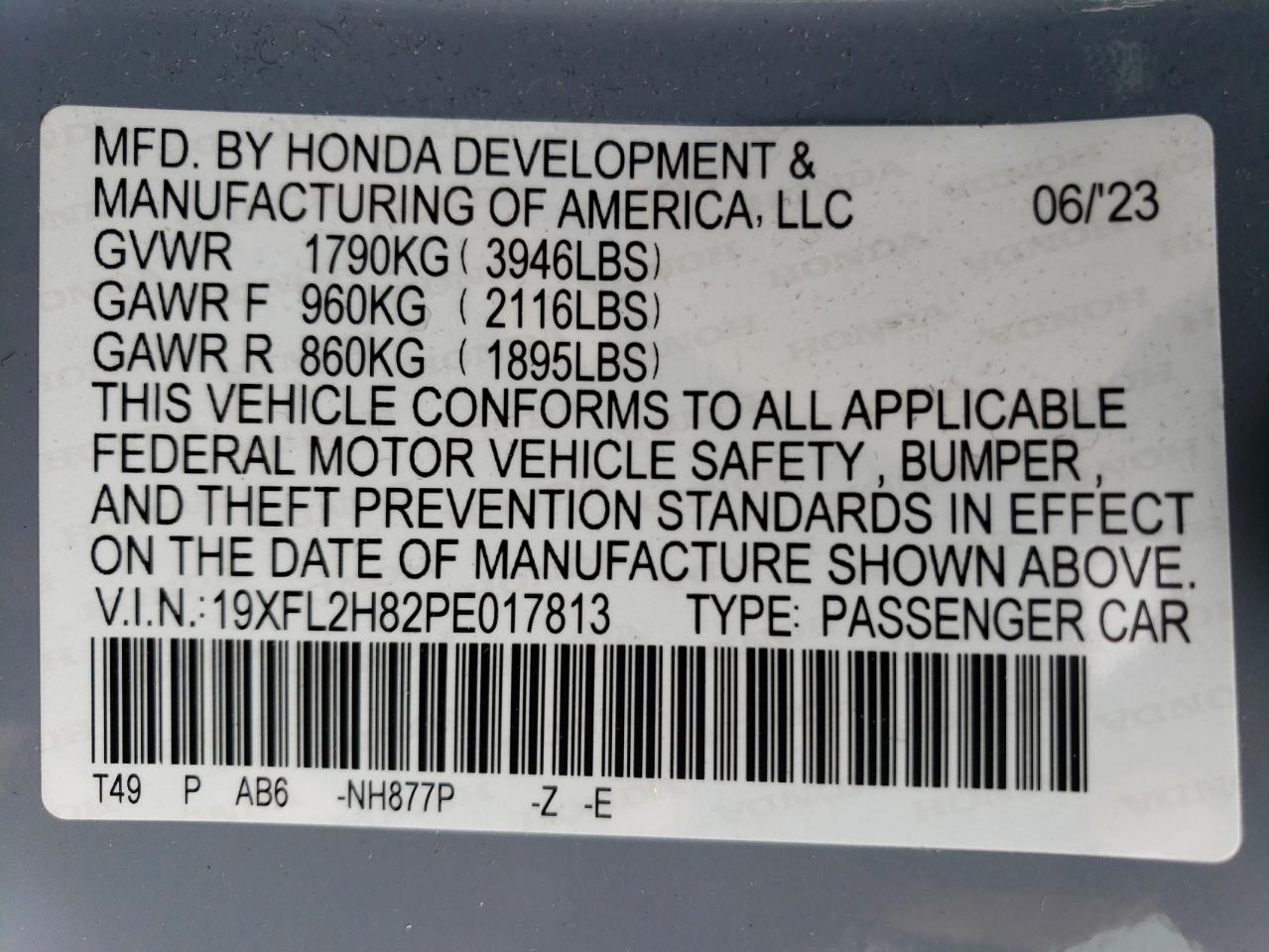 2023 HONDA CIVIC SPORT VIN:19XFL2H82PE017813