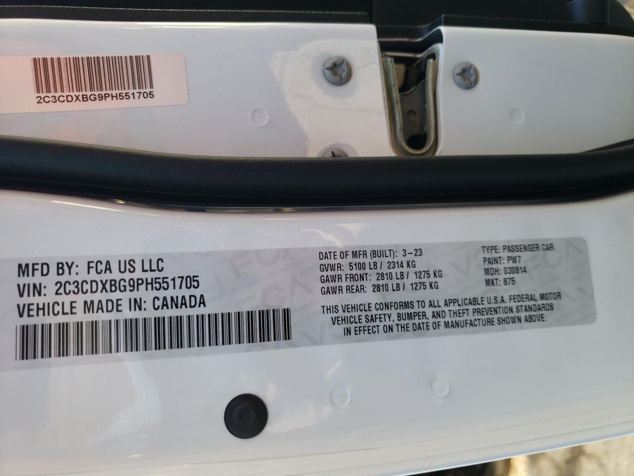 2023 DODGE CHARGER SXT VIN:2C3CDXBG9PH551705