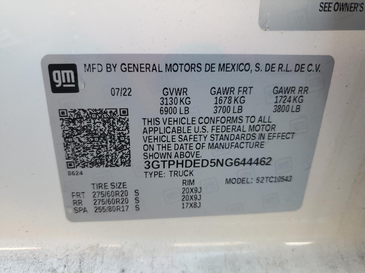 2022 GMC SIERRA C1500 SLT VIN:3GTPHDED5NG644462