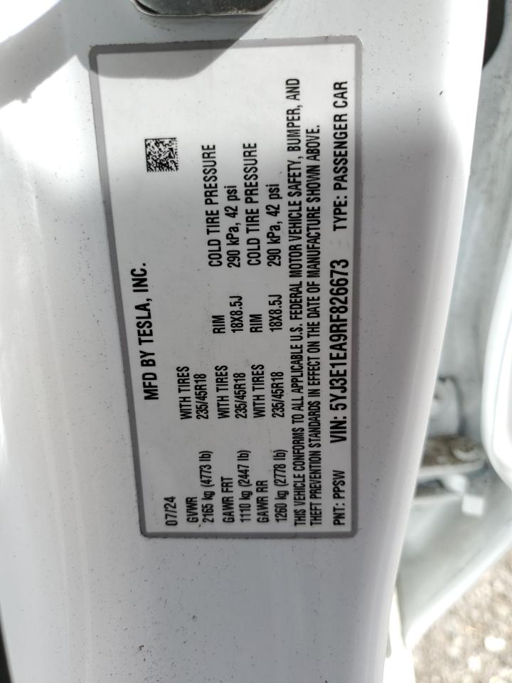 2024 TESLA MODEL 3 VIN:5YJ3E1EA9RF826673