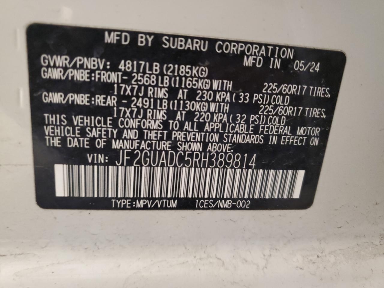 2024 SUBARU CROSSTREK PREMIUM VIN:JF2GUADC5RH389814