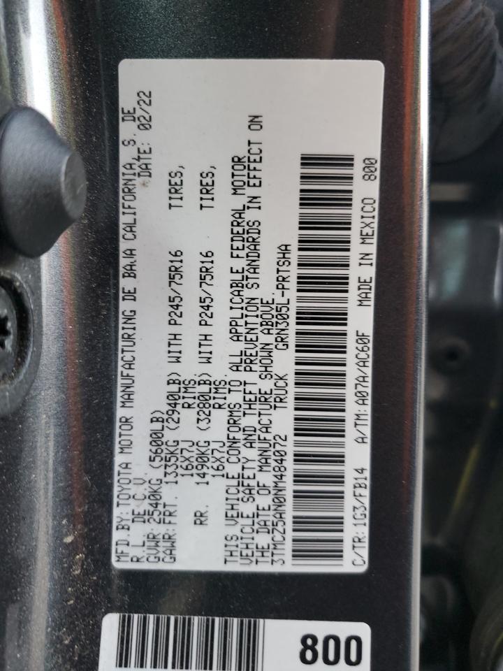 2022 TOYOTA TACOMA DOUBLE CAB VIN:3TMCZ5AN0NM484072