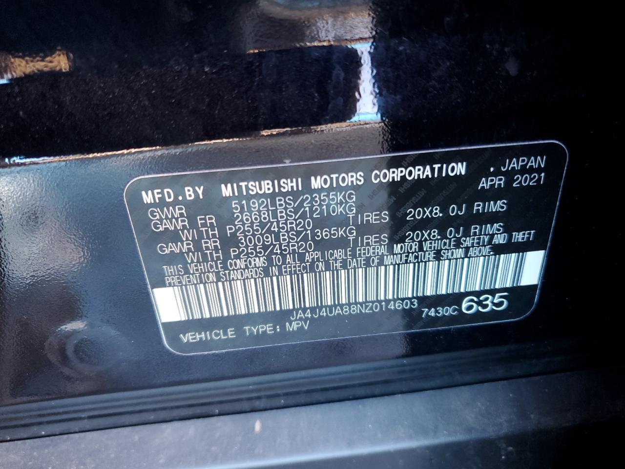 2022 MITSUBISHI OUTLANDER SE VIN:JA4J4UA88NZ014603