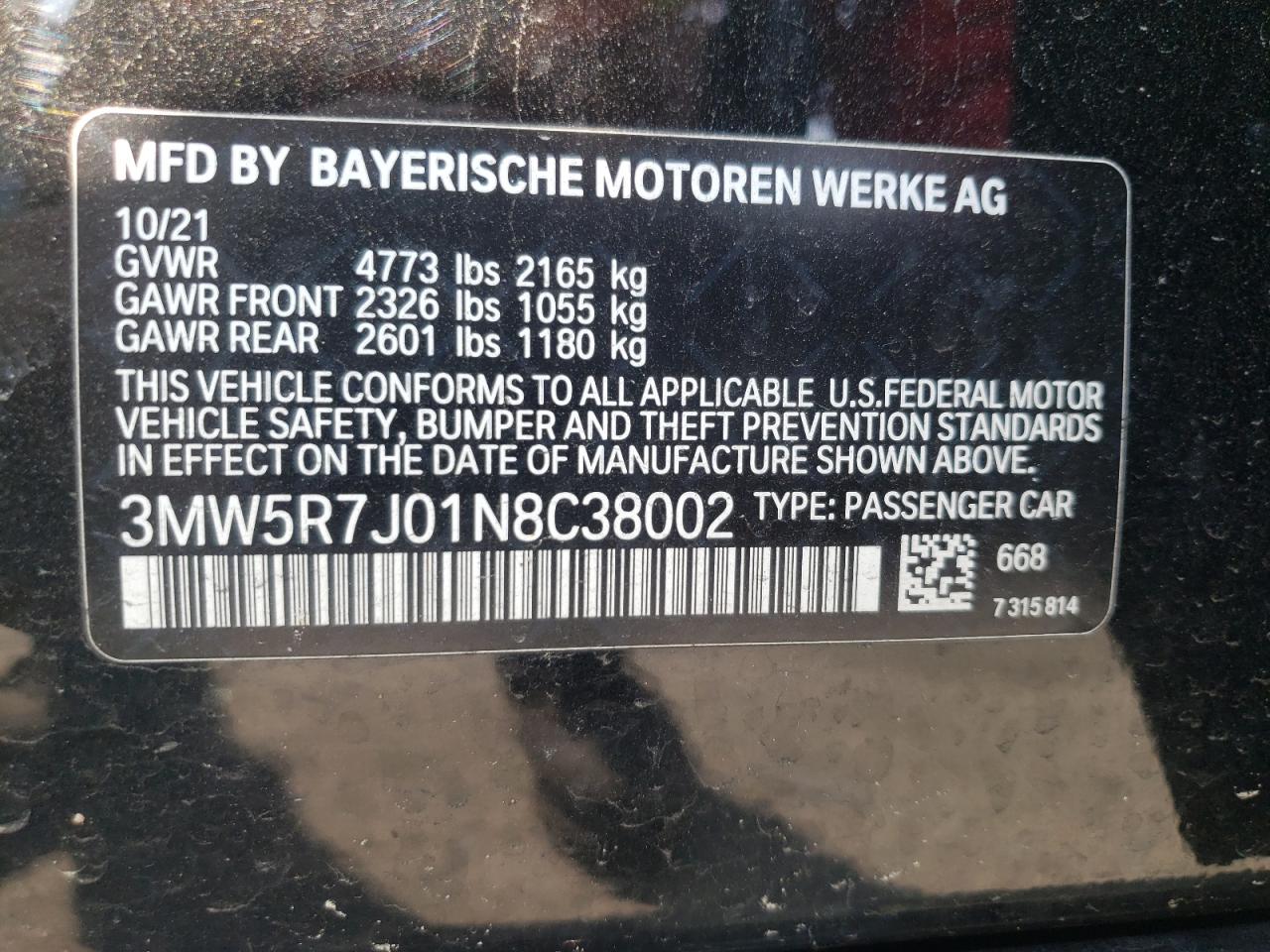 2022 BMW 330XI VIN:3MW5R7J01N8C38002