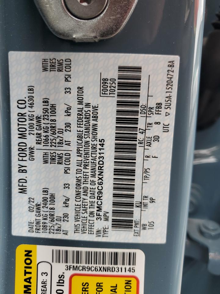 2022 FORD BRONCO SPORT OUTER BANKS VIN:3FMCR9C6XNRD31145