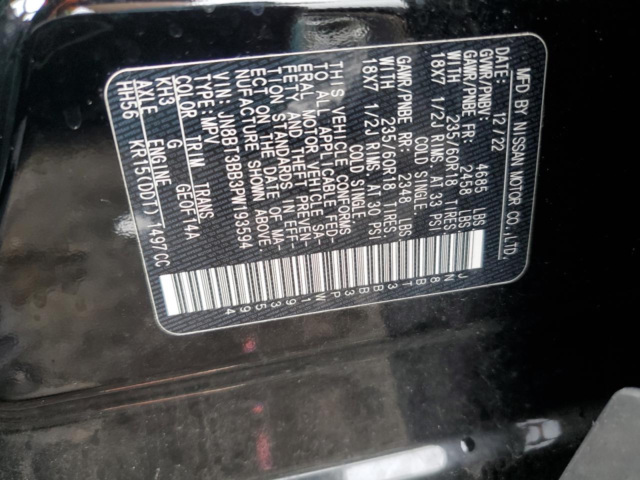 2023 NISSAN ROGUE SV VIN:JN8BT3BB3PW193594