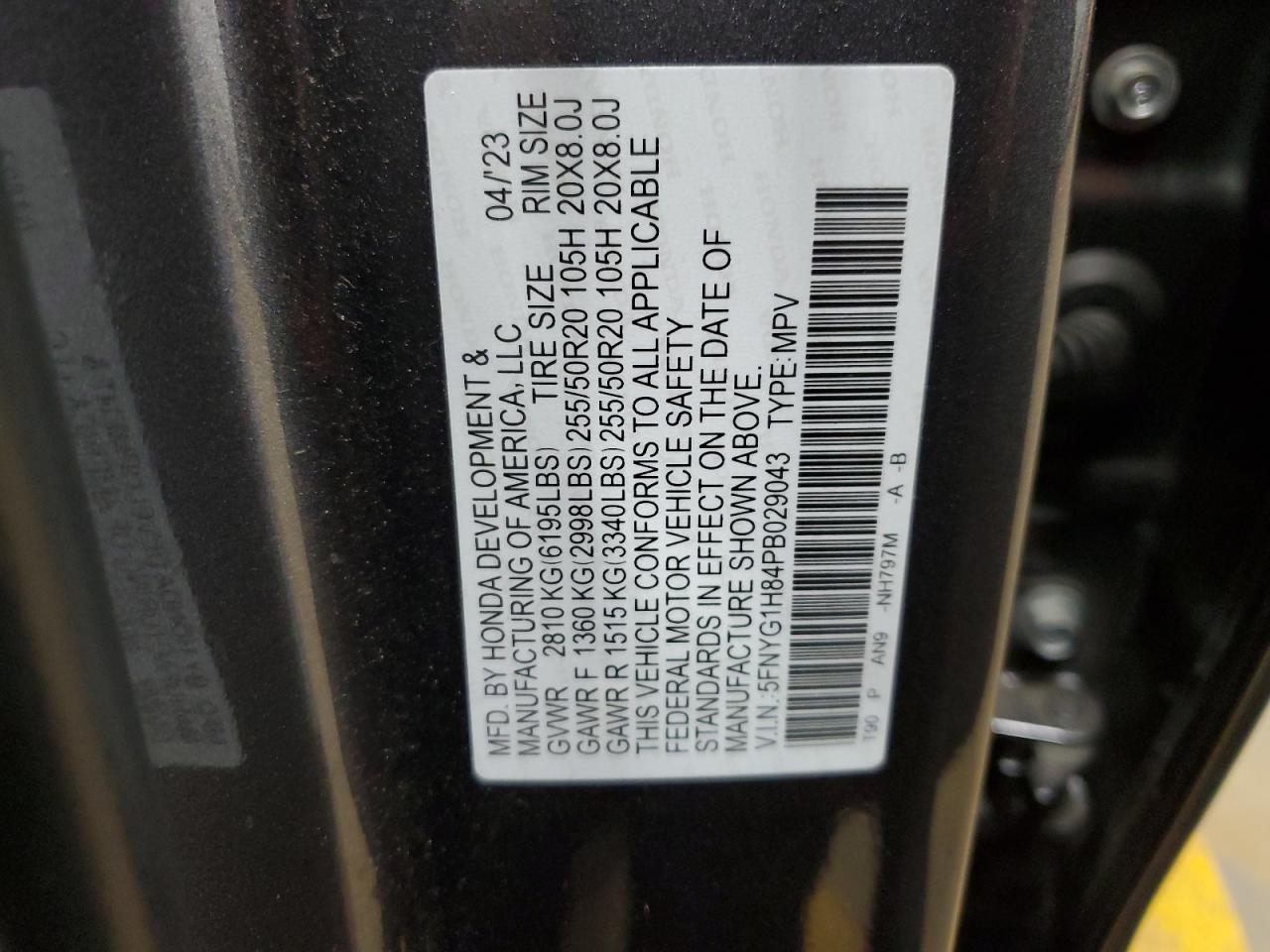 2023 HONDA PILOT ELITE VIN:5FNYG1H84PB029043