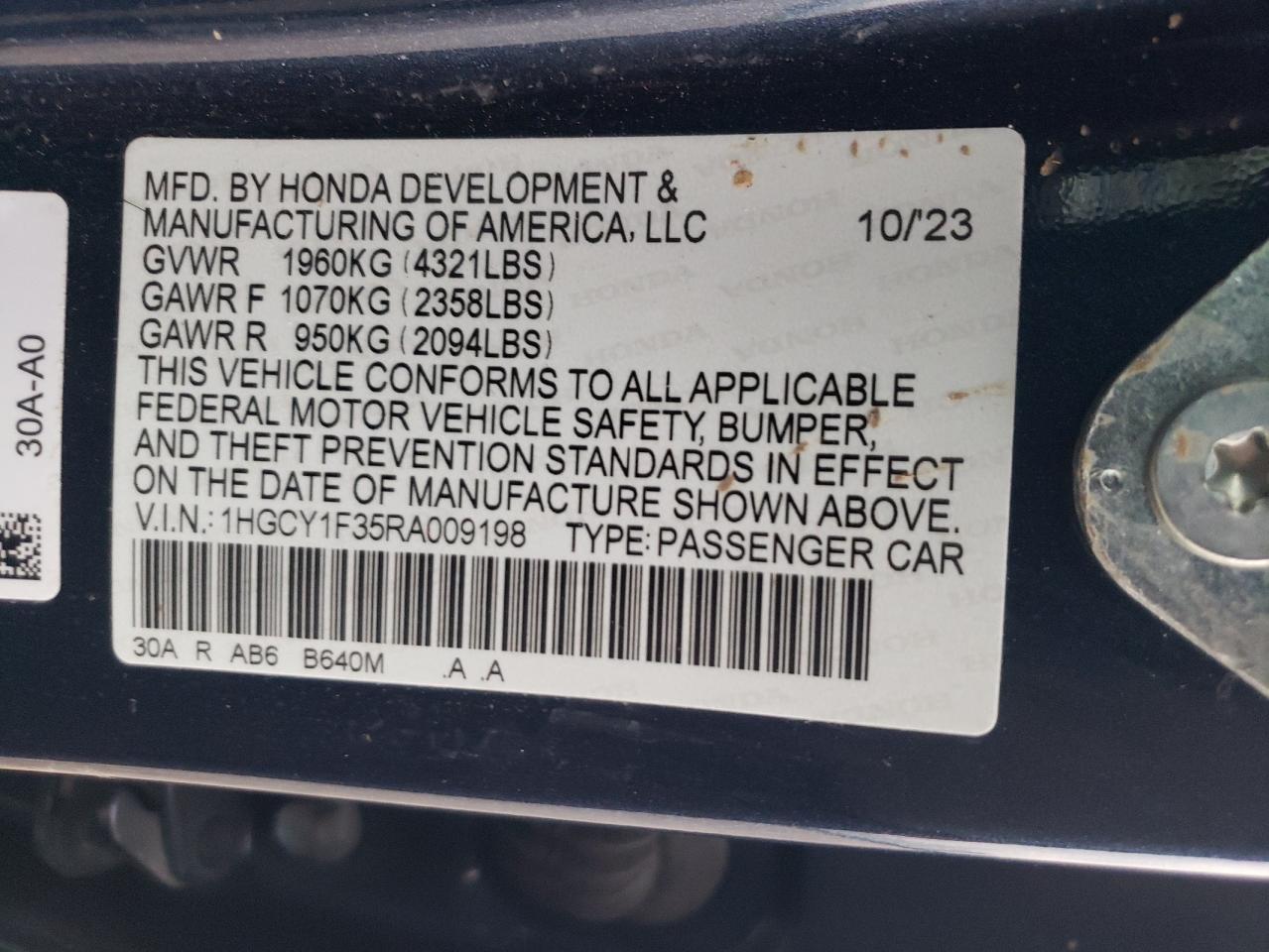 2024 HONDA ACCORD EX VIN:1HGCY1F35RA009198
