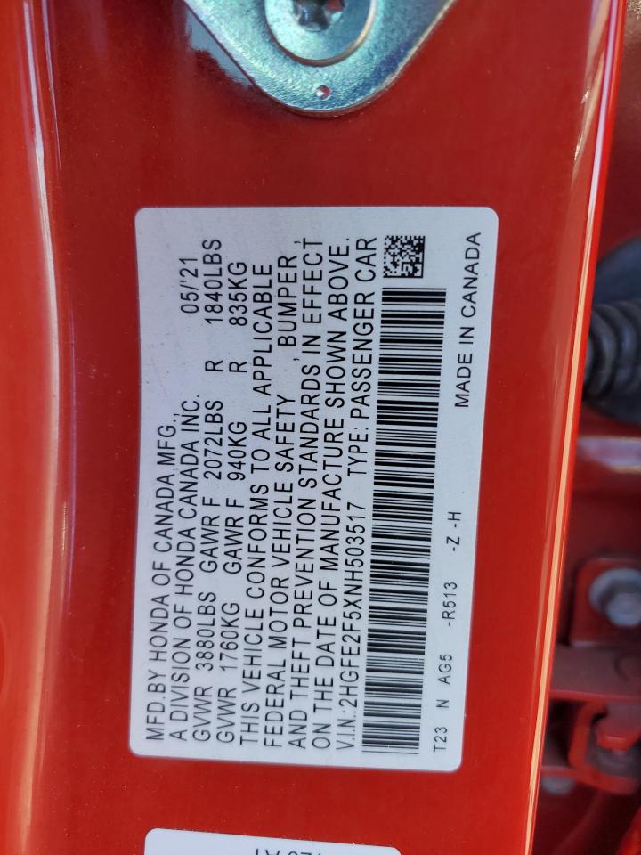 2022 HONDA CIVIC SPORT VIN:2HGFE2F5XNH503517