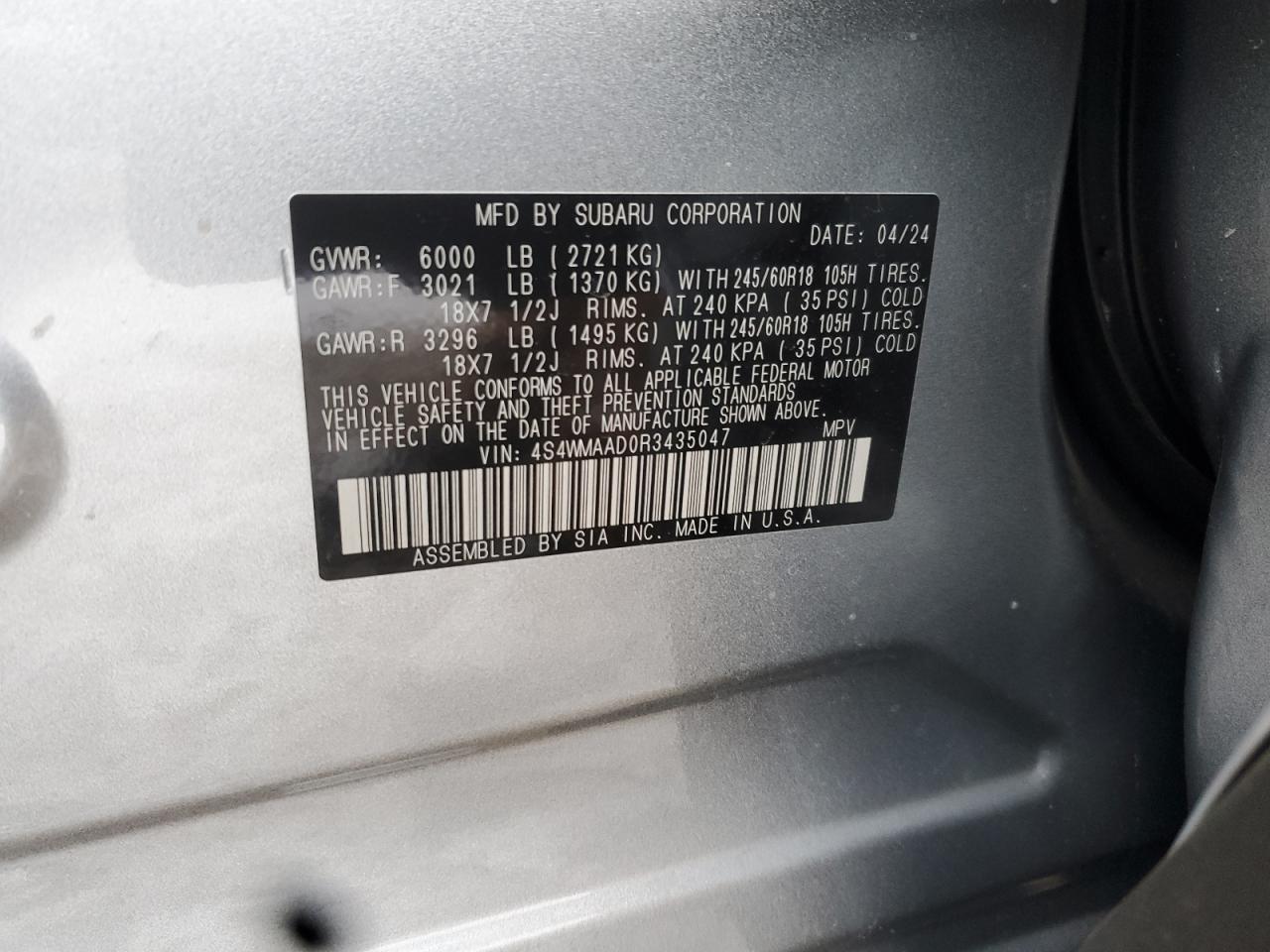 2024 SUBARU ASCENT VIN:4S4WMAAD0R3435047