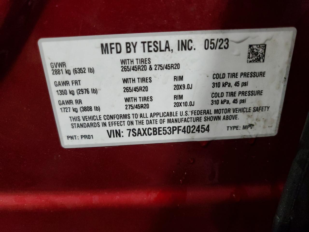 2023 TESLA MODEL X VIN:7SAXCBE53PF402454