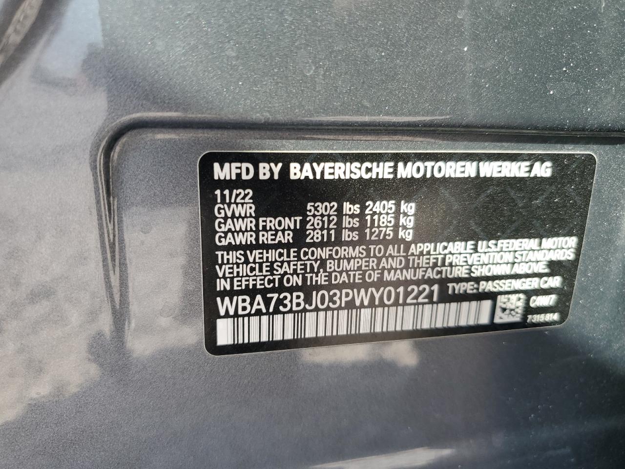 2023 BMW 540 XI VIN:WBA73BJ03PWY01221