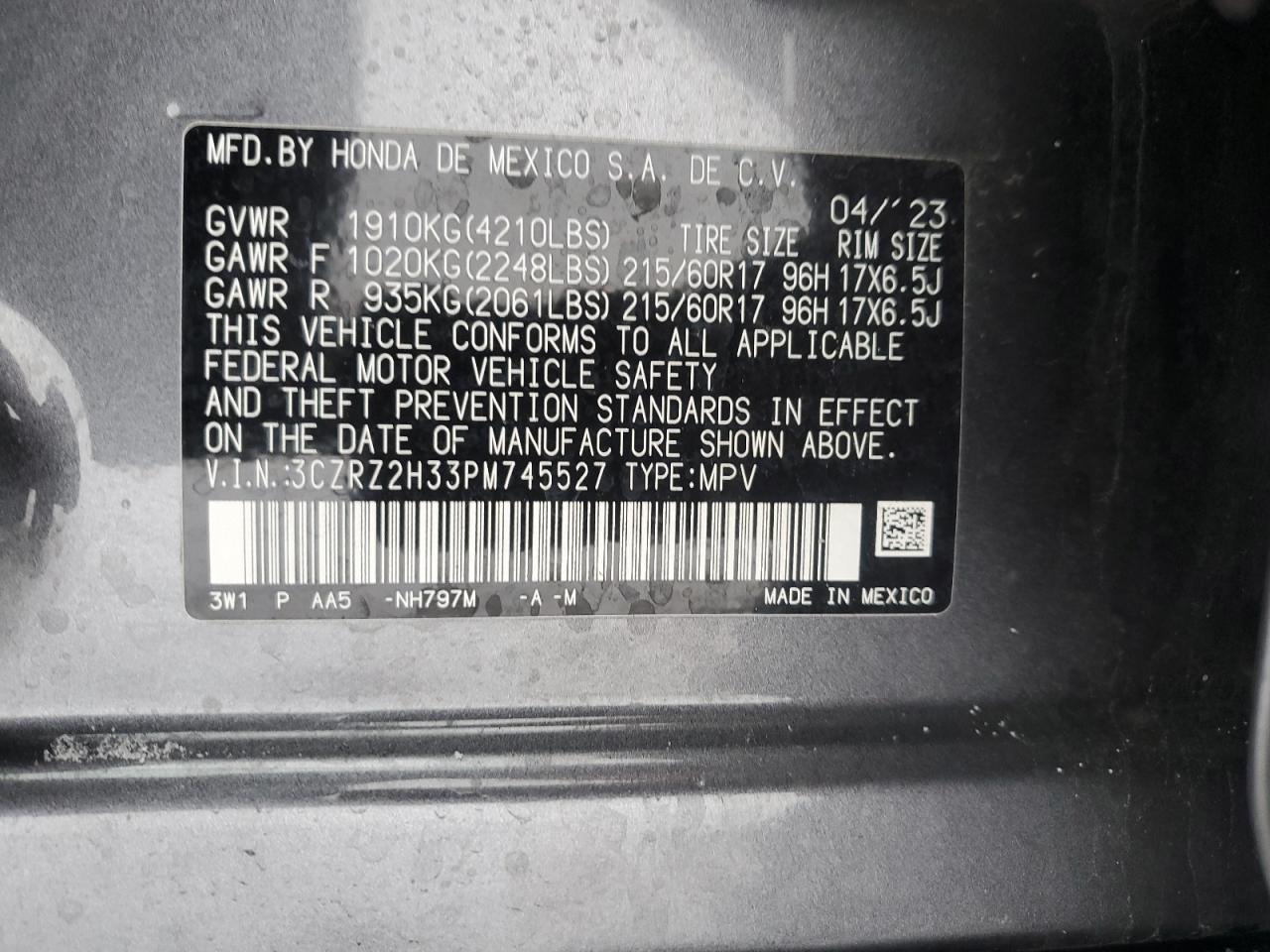 2023 HONDA HR-V LX VIN:3CZRZ2H33PM745527