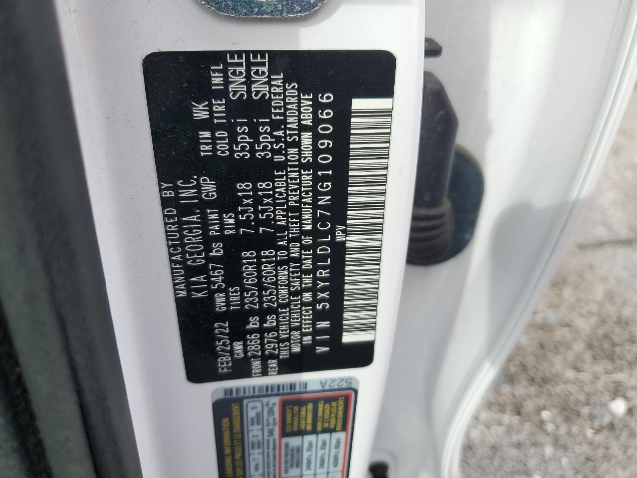 2022 KIA SORENTO S VIN:5XYRLDLC7NG109066
