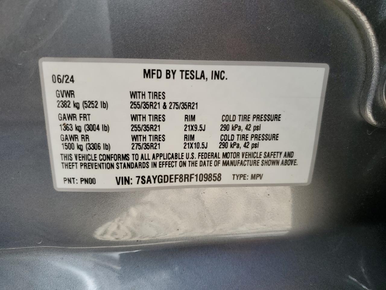 2024 TESLA MODEL Y VIN:WP0AA2A8XNS255297