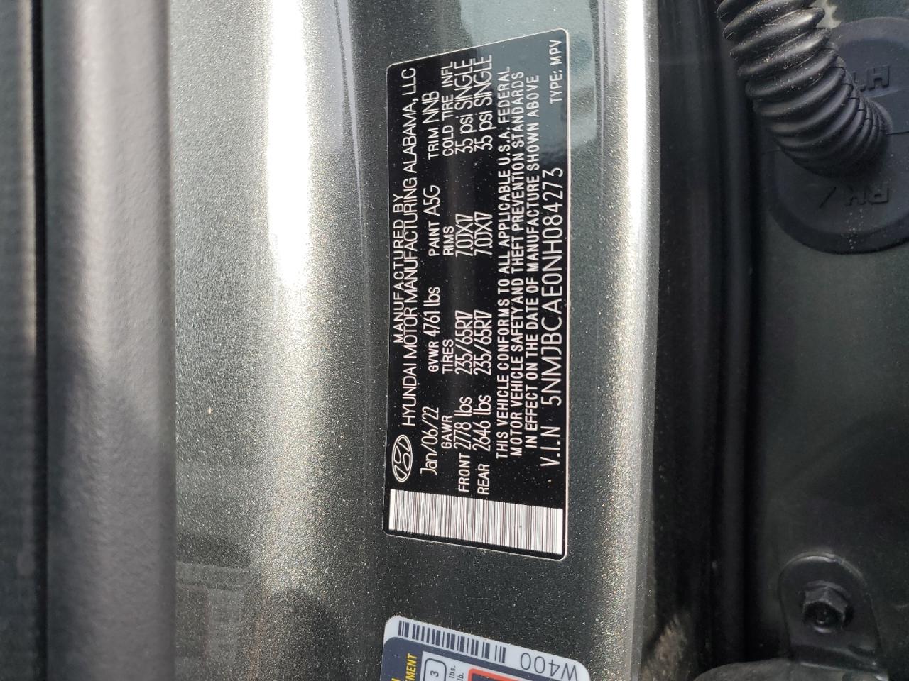 2022 HYUNDAI TUCSON SEL VIN:5NMJBCAE0NH084273
