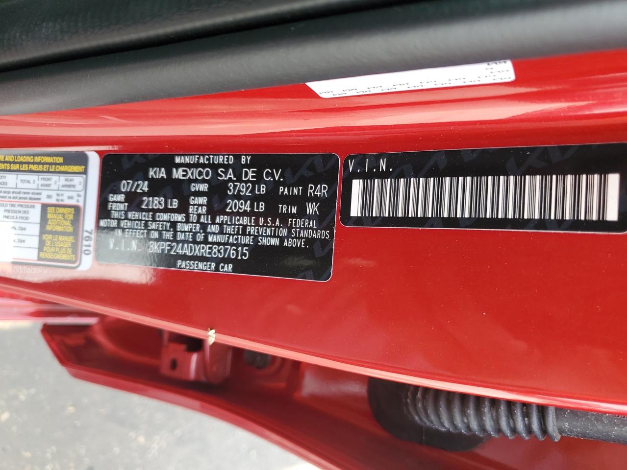 2024 KIA FORTE LX VIN:3KPF24ADXRE837615