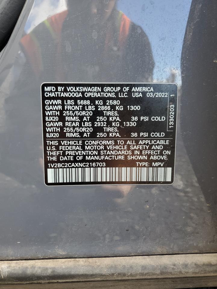 2022 VOLKSWAGEN ATLAS CROSS SPORT SEL VIN:1V2BC2CAXNC216703
