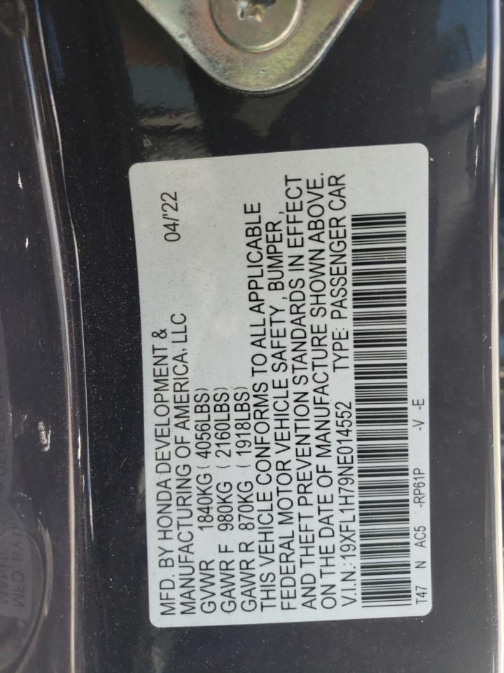 2022 HONDA CIVIC EXL VIN:19XFL1H79NE014552