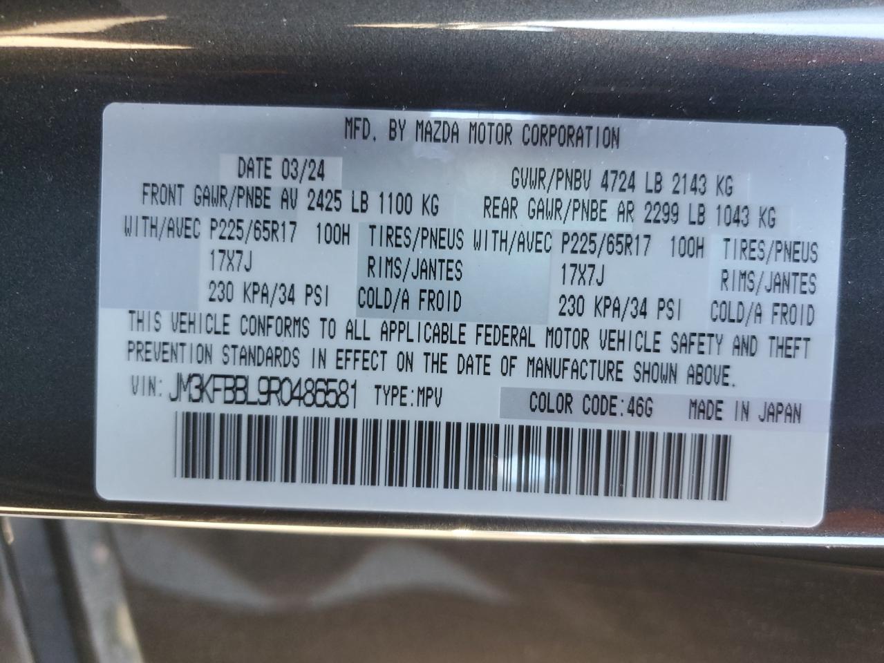 2024 MAZDA CX-5 SELECT VIN:JM3KFBBL9R0486581