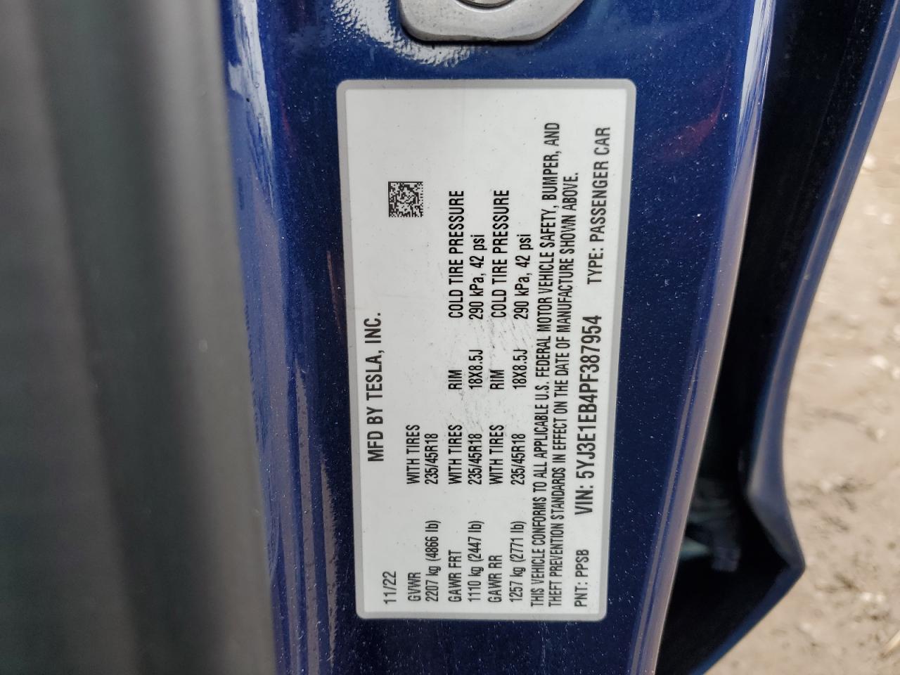 2023 TESLA MODEL 3 VIN:5YJ3E1EB4PF387954