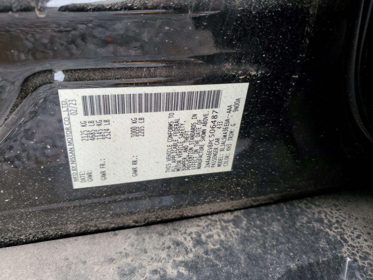 2023 NISSAN MAXIMA SR VIN:1N4AA6EV8PC506487