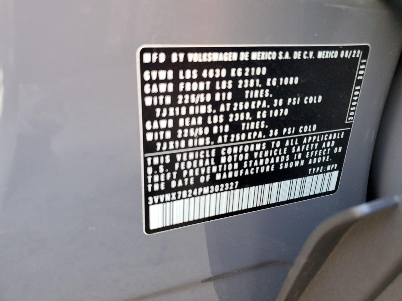 2023 VOLKSWAGEN TAOS SE VIN:3VVNX7B24PM302327