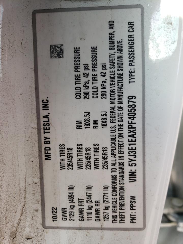 2023 TESLA MODEL 3 VIN:5YJ3E1EAXPF405879