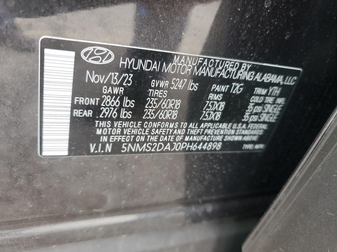 2023 HYUNDAI SANTA FE SEL VIN:5NMS2DAJ0PH644898