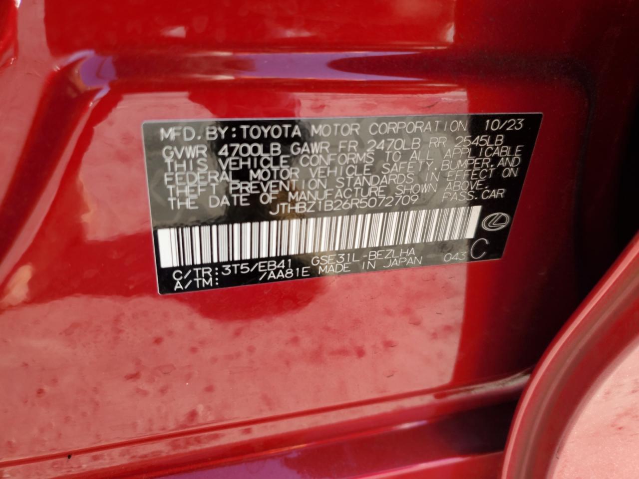 2024 LEXUS IS 350 F SPORT DESIGN VIN:JTHBZ1B26R5072709