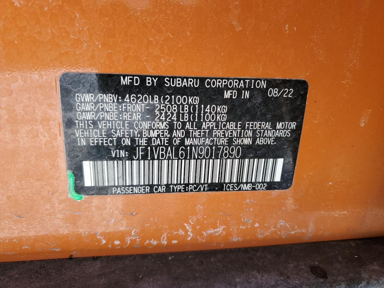 2022 SUBARU WRX LIMITED VIN:JF1VBAL61N9017890