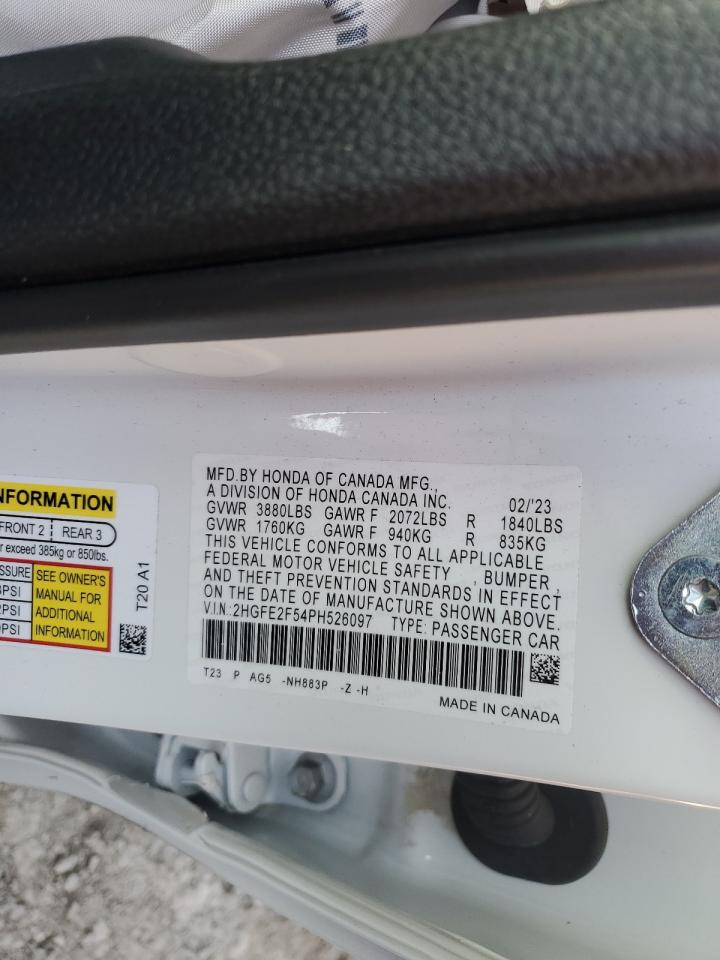 2023 HONDA CIVIC SPORT VIN:2HGFE2F54PH526097