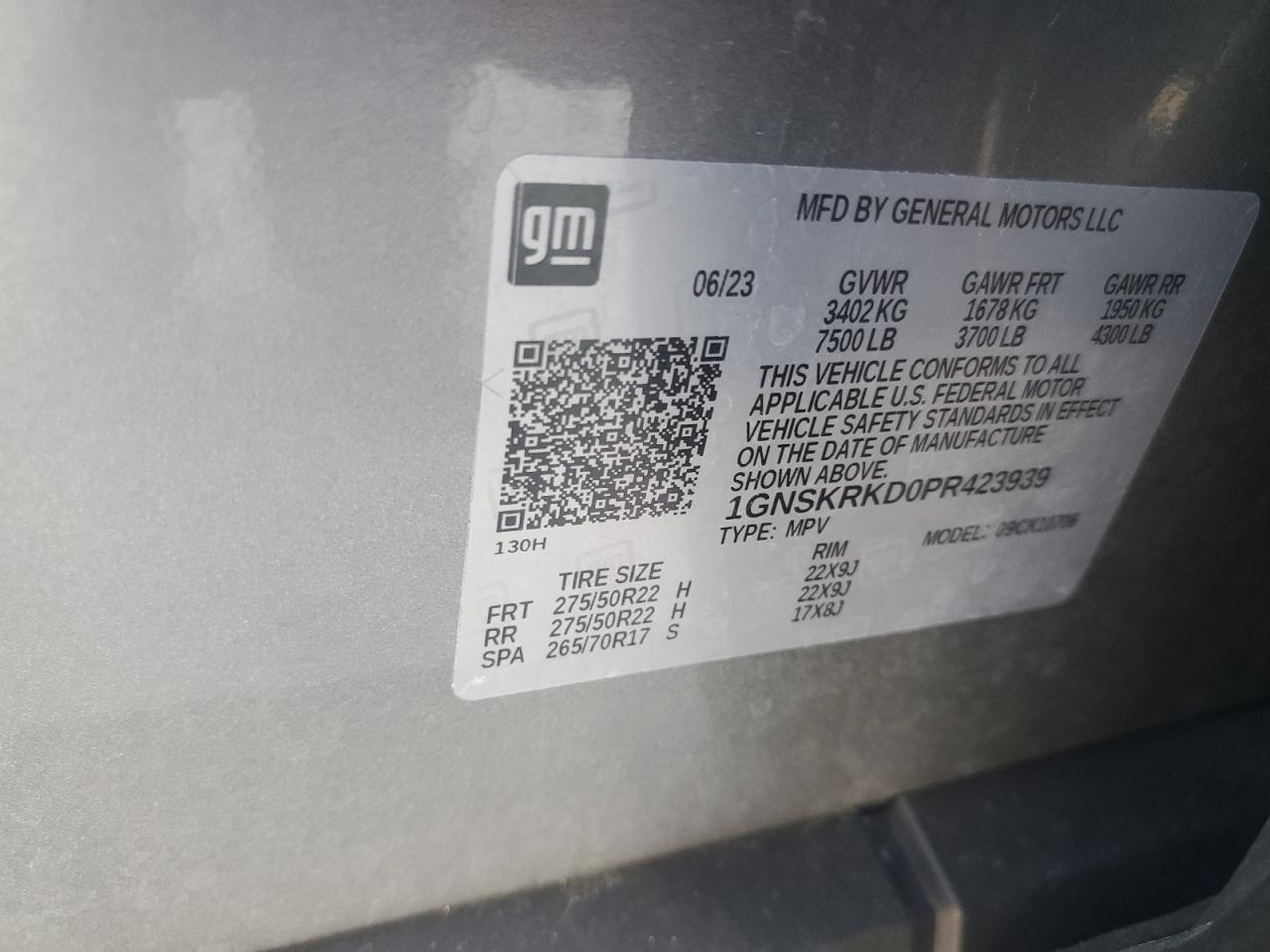 2023 CHEVROLET TAHOE K1500 RST VIN:1GNSKRKD0PR423939