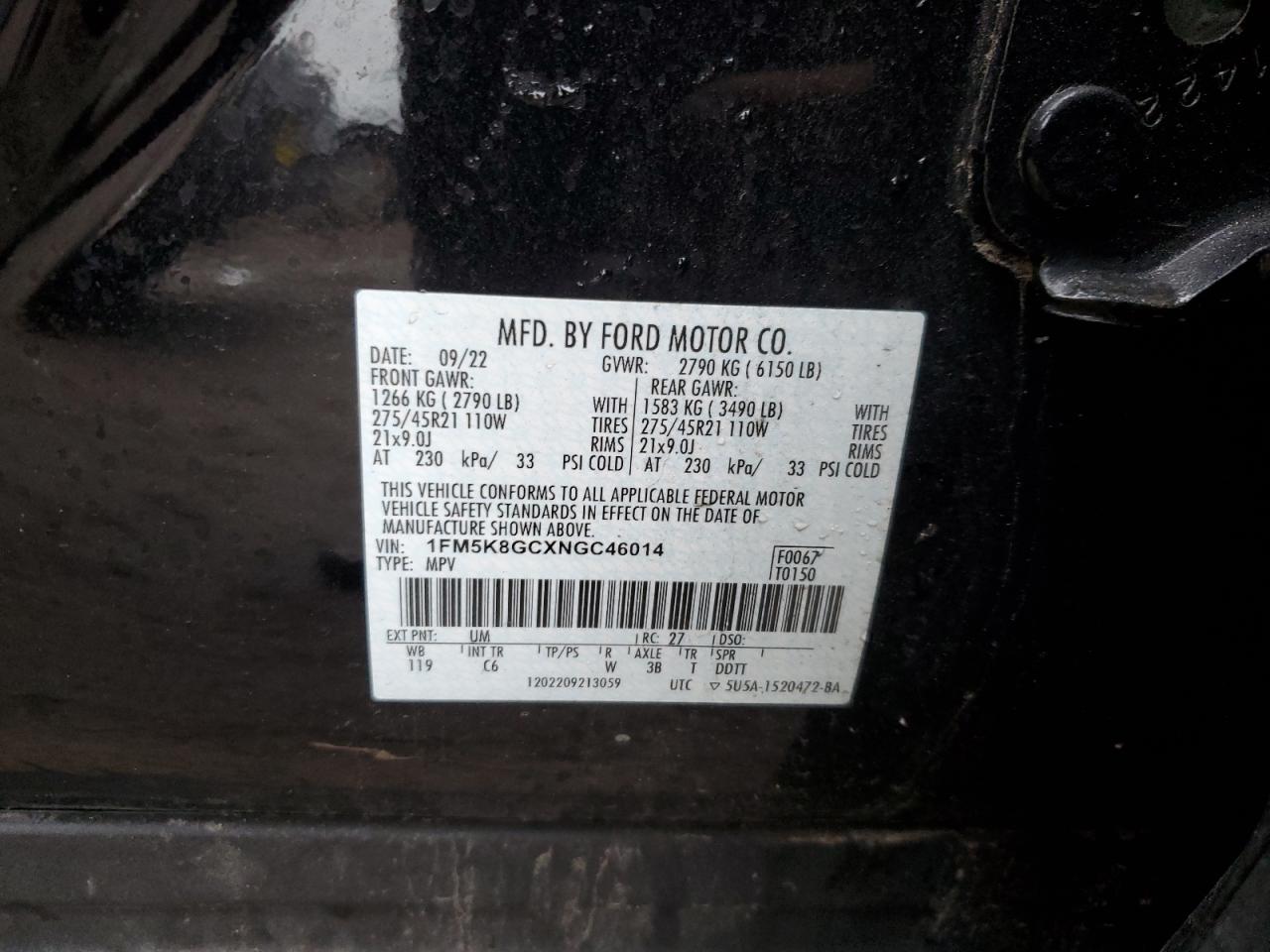 2022 FORD EXPLORER ST VIN:1FM5K8GCXNGC46014