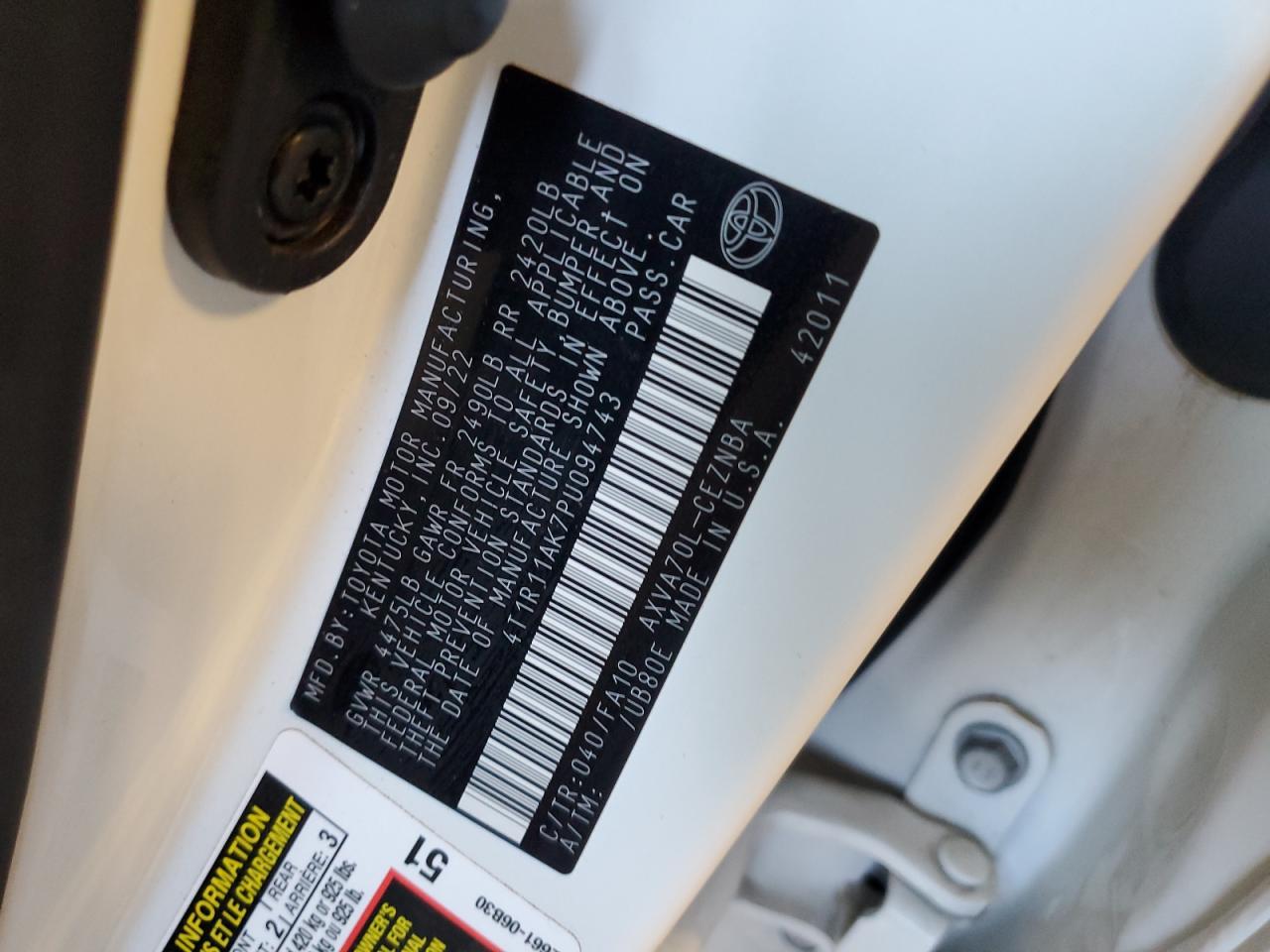 2023 TOYOTA CAMRY LE VIN:4T1R11AK7PU094743