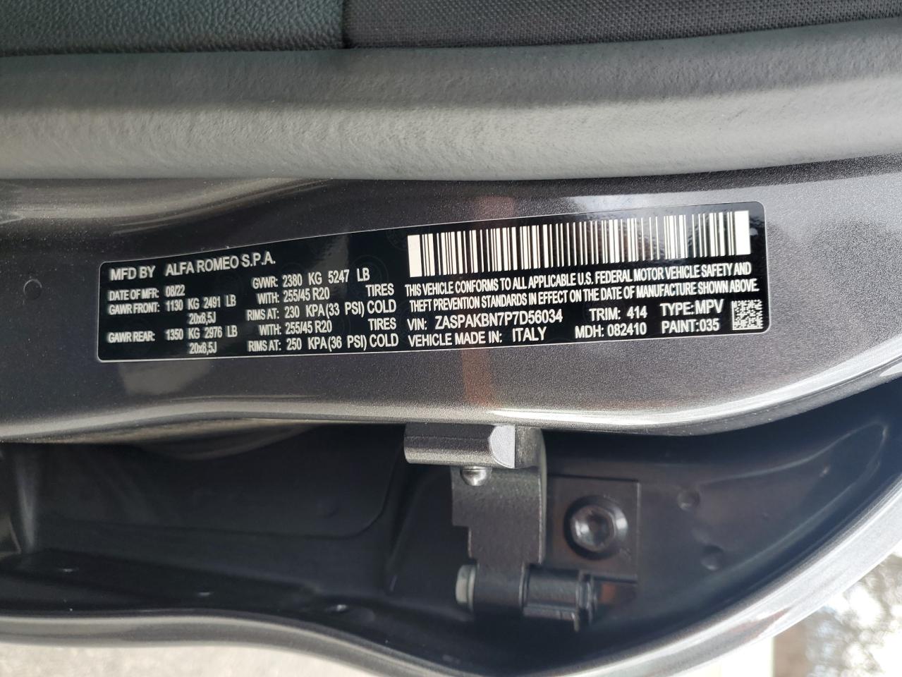 2023 ALFA ROMEO STELVIO TI VIN:ZASPAKBN7P7D56034