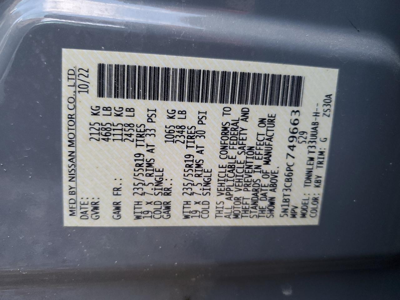 2023 NISSAN ROGUE SL VIN:5N1BT3CB6PC749663
