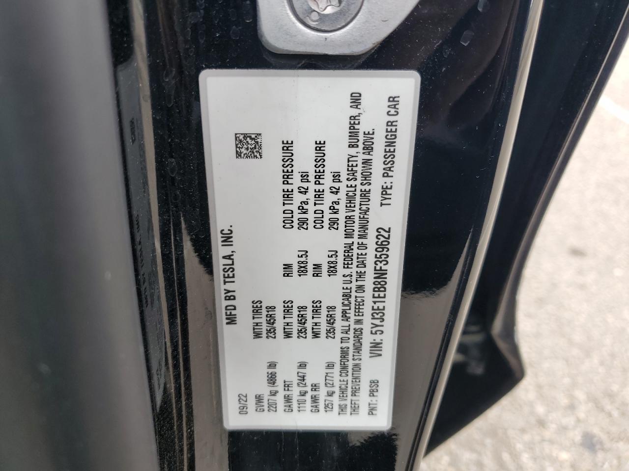 2022 TESLA MODEL 3 VIN:5YJ3E1EB8NF359622