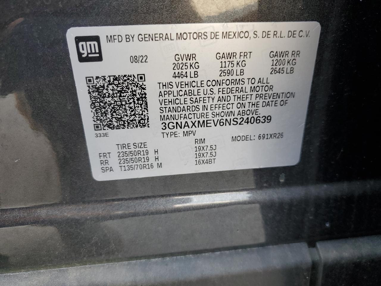 2022 CHEVROLET EQUINOX RS VIN:3GNAXMEV6NS240639