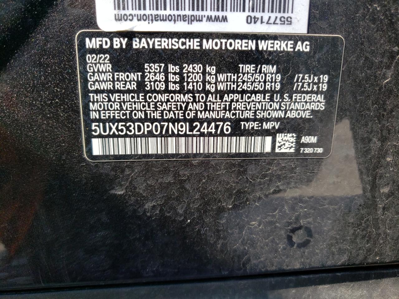 2022 BMW X3 XDRIVE30I VIN:5UX53DP07N9L24476