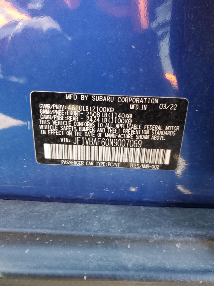2022 SUBARU WRX PREMIUM VIN:JF1VBAF60N9007069