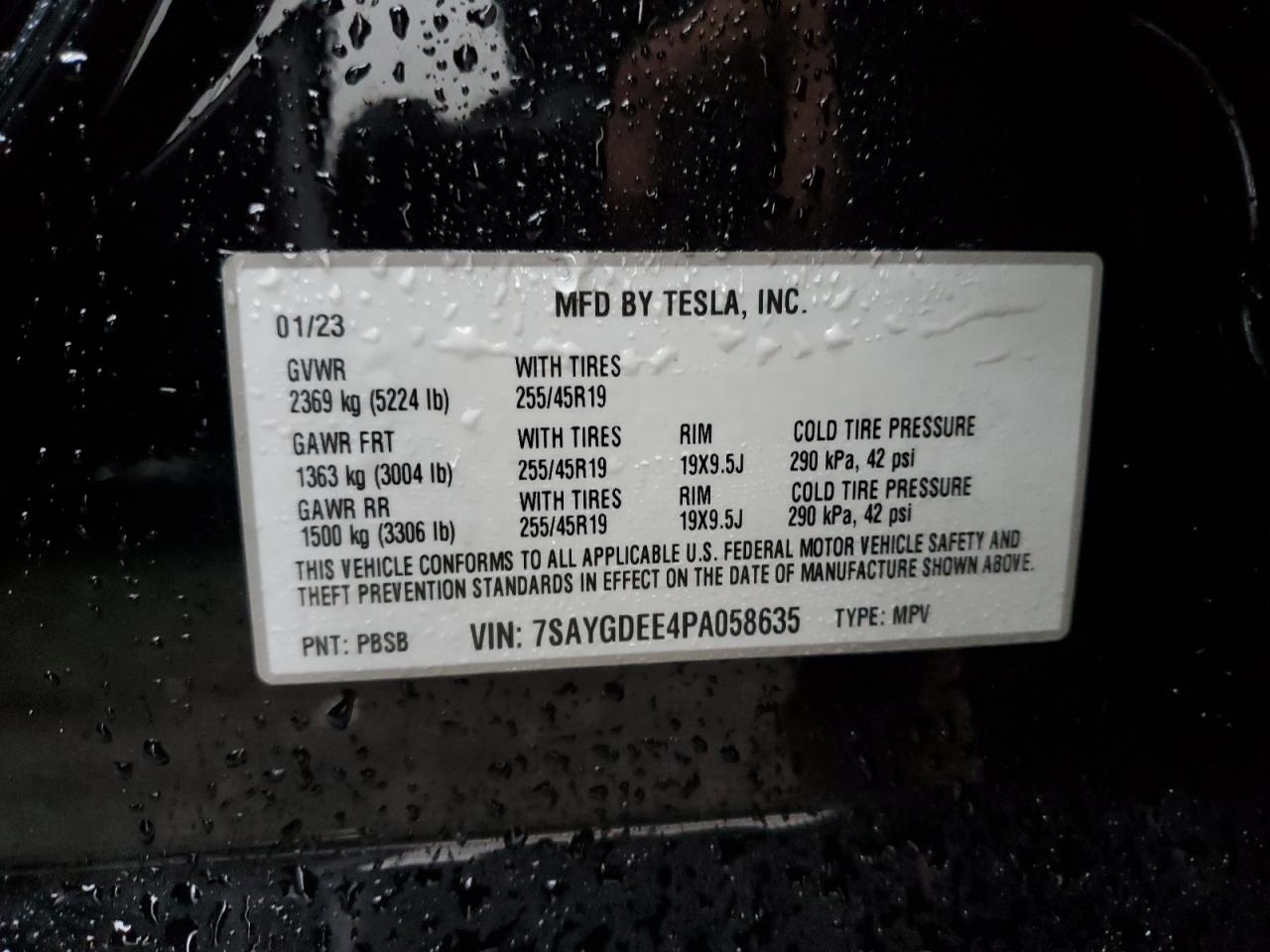 2023 TESLA MODEL Y VIN:7SAYGDEE4PA058635