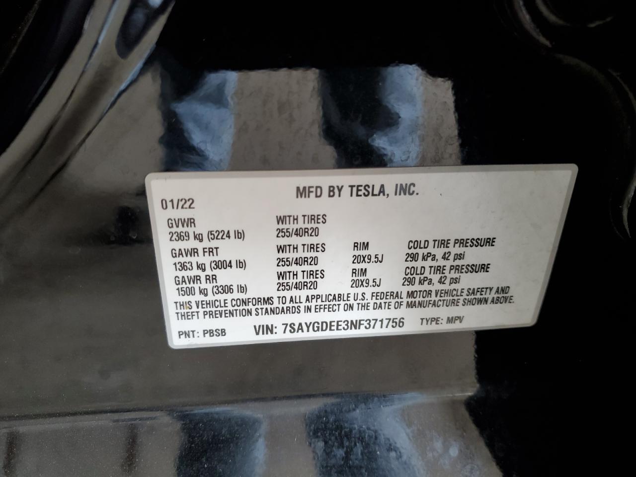 2022 TESLA MODEL Y VIN:7SAYGDEE3NF371756