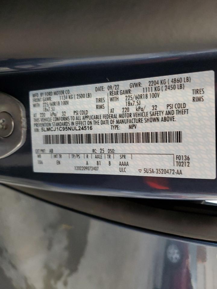 2022 LINCOLN CORSAIR VIN:5LMCJ1C95NUL24516