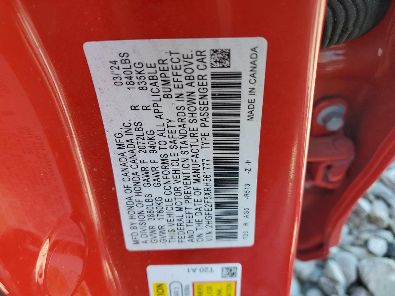2024 HONDA CIVIC SPORT VIN:2HGFE2F5XRH561777
