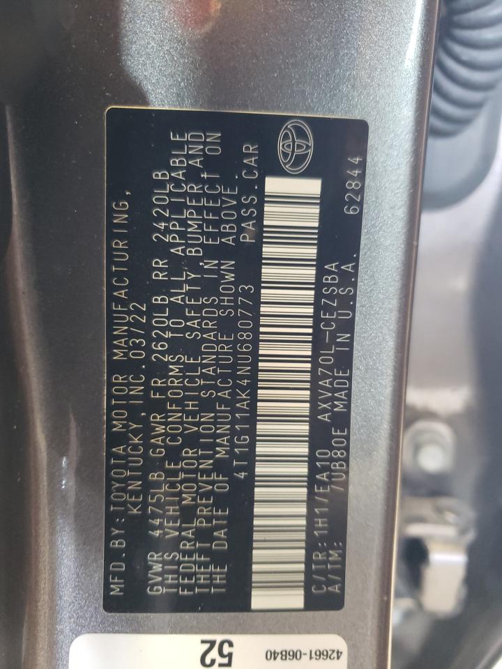 2022 TOYOTA CAMRY SE VIN:4T1G11AK4NU680773