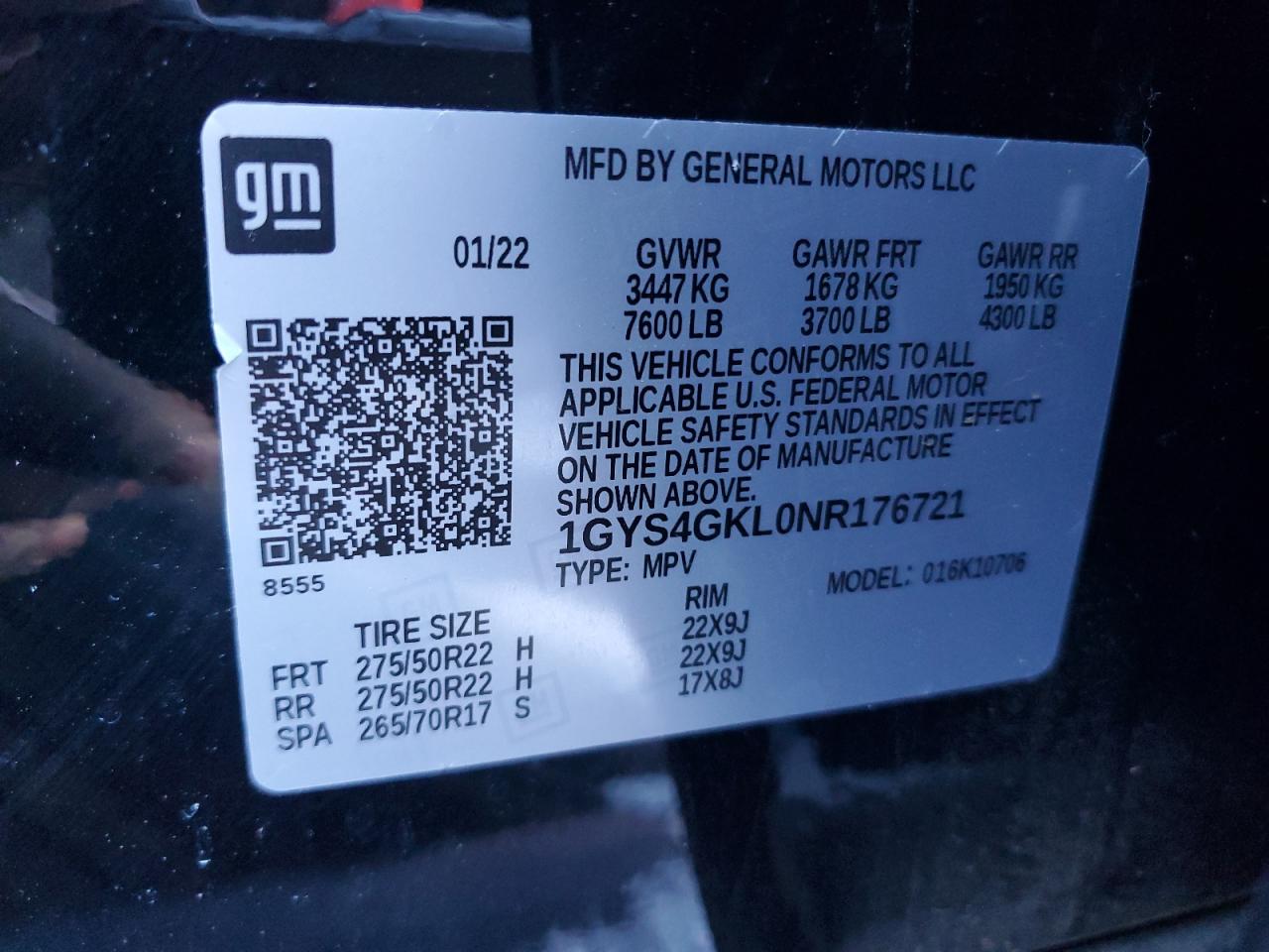 2022 CADILLAC ESCALADE SPORT PLATINUM VIN:1GYS4GKL0NR176721