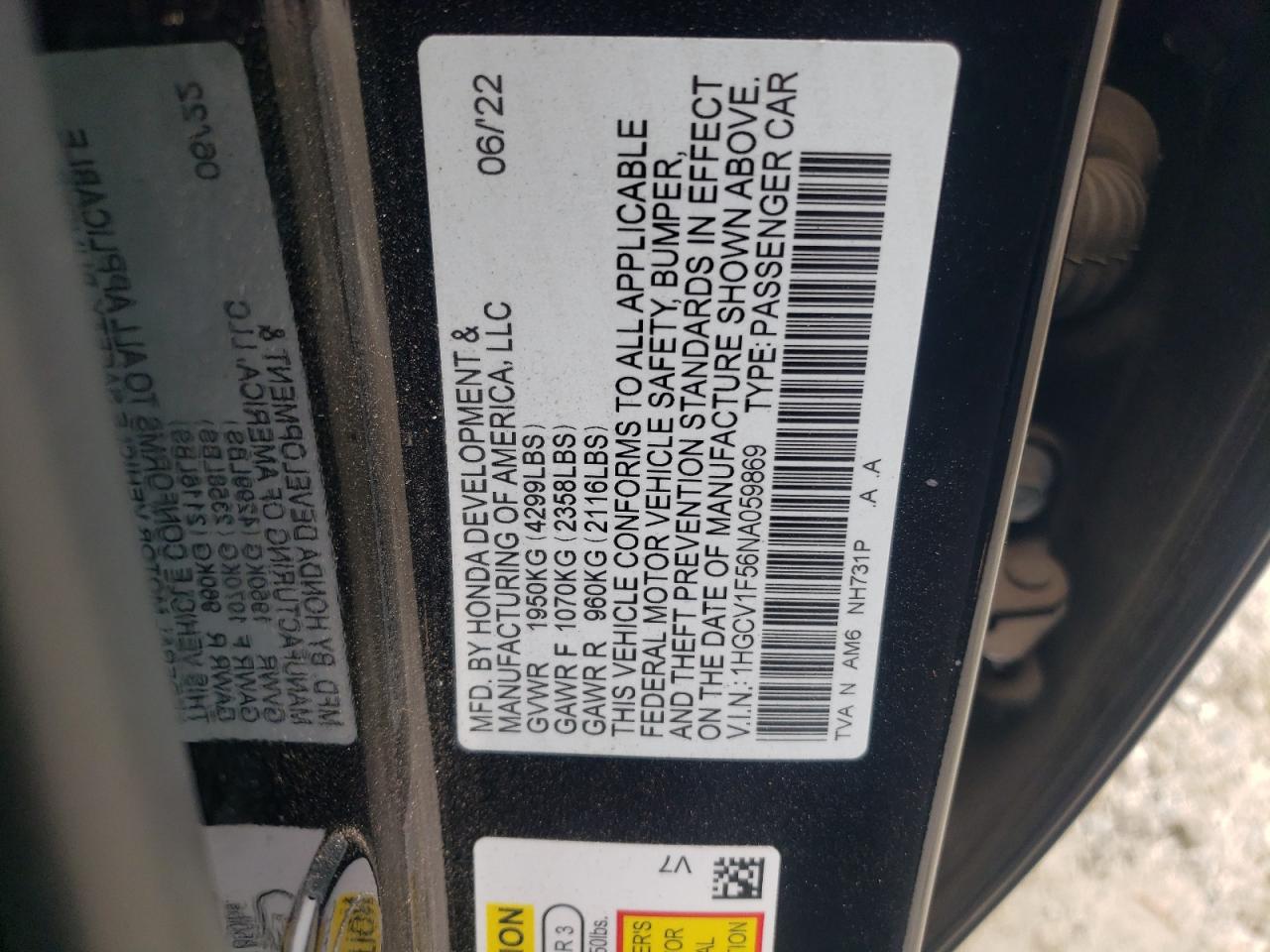 2022 HONDA ACCORD EXL VIN:1HGCV1F56NA059869