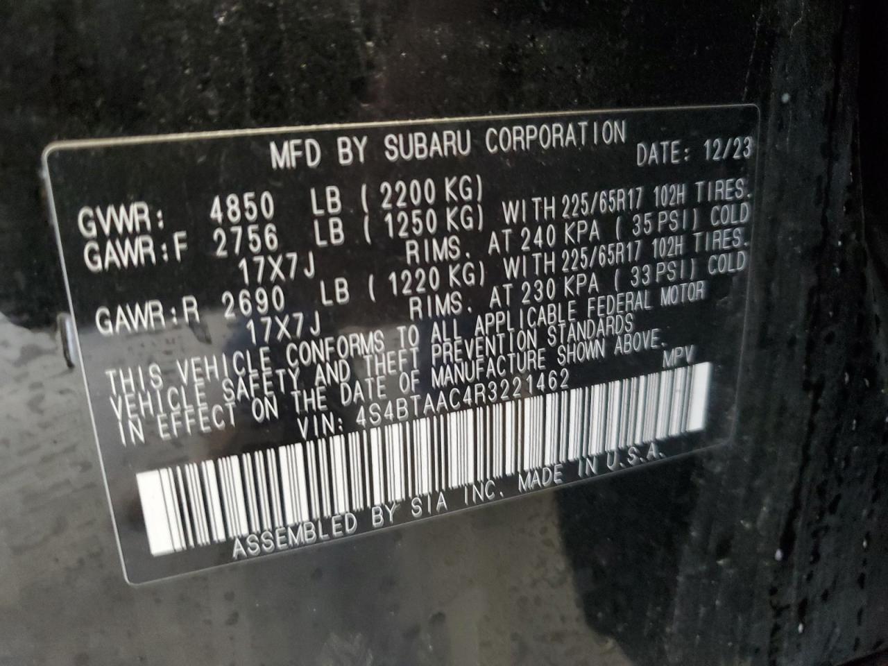 2024 SUBARU OUTBACK VIN:4S4BTAAC4R3221462