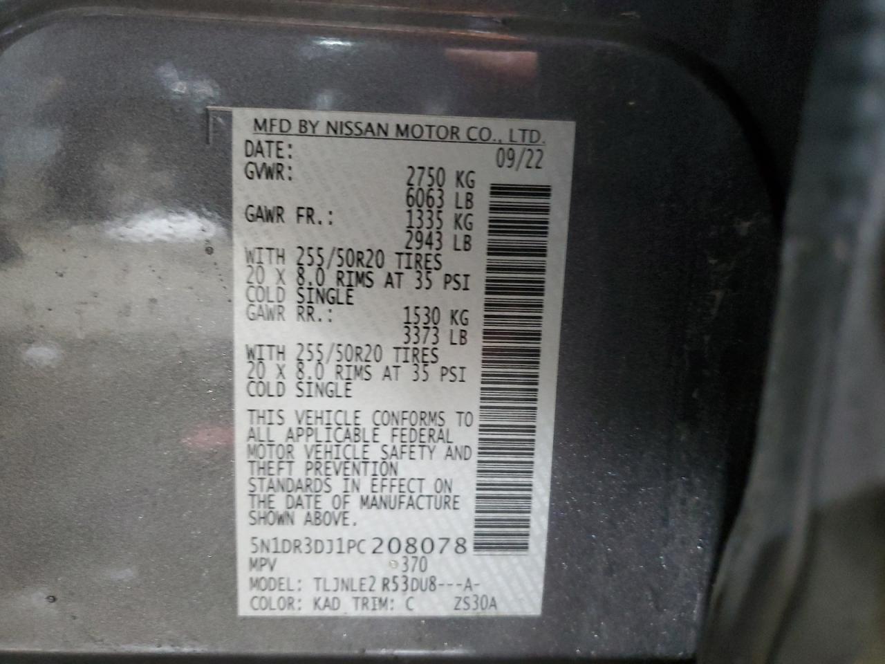 2023 NISSAN PATHFINDER PLATINUM VIN:5N1DR3DJ1PC208078